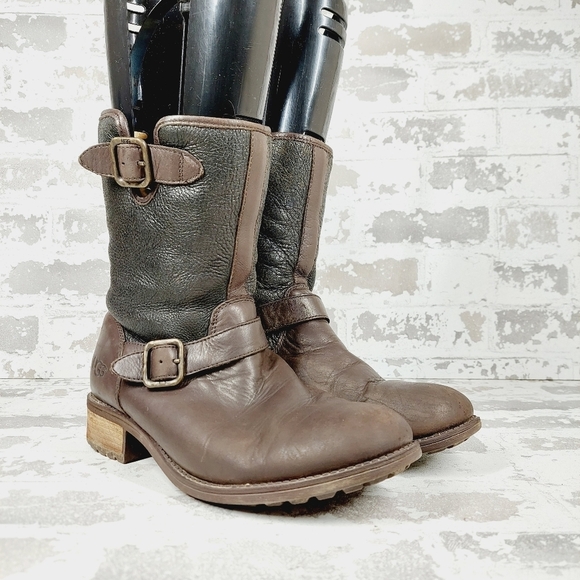 UGG Shearling Brown Leather Mid Calf Silver Buckles Detail Winter Boots I464 - Picture 4 of 13